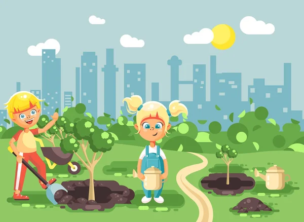 Ilustración vectorial personajes de dibujos animados de niños y niñas cavan agujero en el suelo para plantar en plántulas de jardín de agua de riego de árboles de friki, cuidando de la ciudad de ecología en estilo plano — Vector de stock