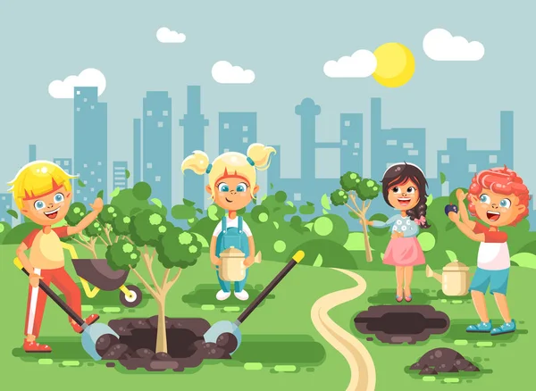 Vektor Illustration Cartoon-Figuren von Kindern Jungen und Mädchen Pflanzung in Garten Sämlinge des Baumes, kleines Kind mit Wasser-Freak, kümmert sich um Ökologie Stadt in flachem Stil für Bewegungsdesign — Stockvektor