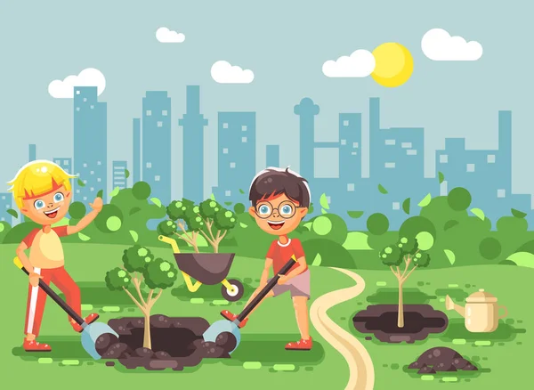 Ilustración vectorial personajes de dibujos animados de niños dos niños pequeños cavan agujero en el suelo para plantar en plántulas de jardín de riego de árboles de friki, cuidando de la ecología de la ciudad de estilo plano — Vector de stock