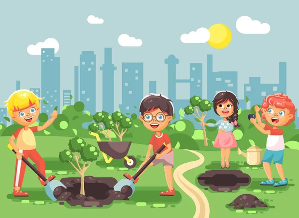 Ilustración vectorial personajes de dibujos animados de niños y niñas plantando en plántulas de jardín de árbol, niño pequeño con friki del agua, cuidando de la ciudad de ecología en estilo plano para el diseño de movimiento — Vector de stock