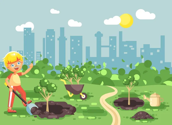 Vektor illustration seriefigurer barn lite lonely blond pojke gräver hål i marken för plantering i trädgård plantor av trädet vattnas från geek, ta hand om ekologi city platt stil — Stock vektor