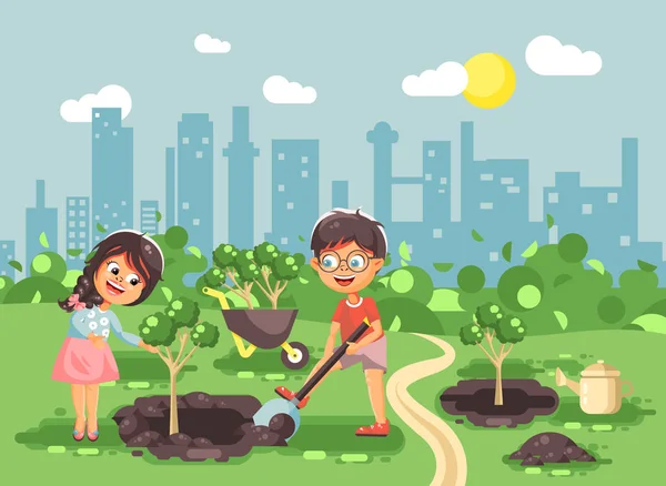 Illustration vectorielle personnages de dessins animés d'enfants garçon et fille creuser un trou dans le sol pour la plantation dans le jardin des semis d'arbres arrosant l'eau du geek, en prenant soin de l'écologie ville dans le style plat — Image vectorielle