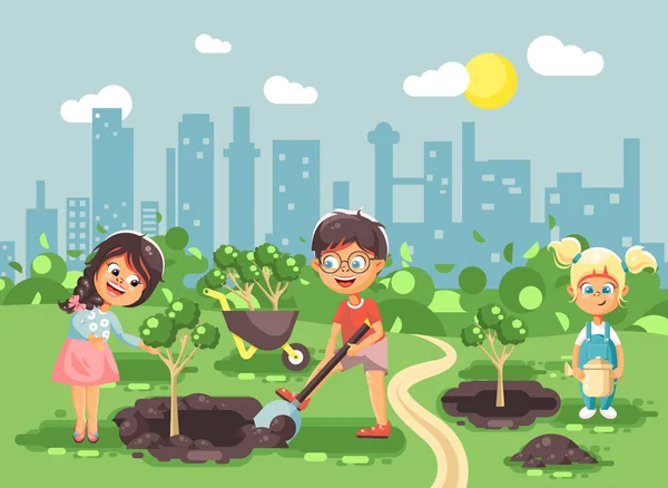 Vektor illustration seriefigurer av barn pojke och flicka plantering i trädgård plantor av träd, litet barn med vatten geek, ta hand om ekologi staden i platt stil för motion design — Stock vektor