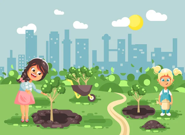 Vektoros illusztráció rajzfilmfigurák gyermekek két kislány közelében ásott a talajt ültetés fa öntözés a geek, ügyelve az ökológia város lapos stílusú kerti facsemeték — Stock Vector