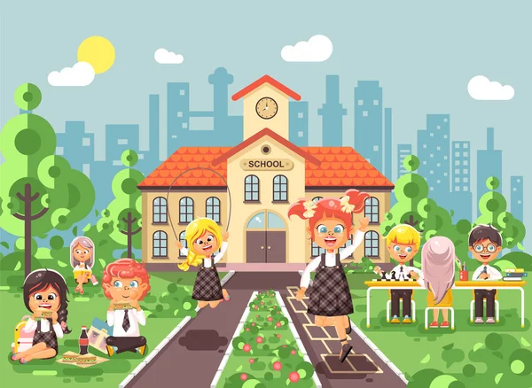 Vektör illüstrasyon çocuk karakterleri öğrenci kız öğrenci öğrenciler çırak sınıf arkadaşları, okul bahçesinde oyun satranç akşam yemeği yemek, atlama ipi okul düz stil Binası zemin üzerinde kitap okumak