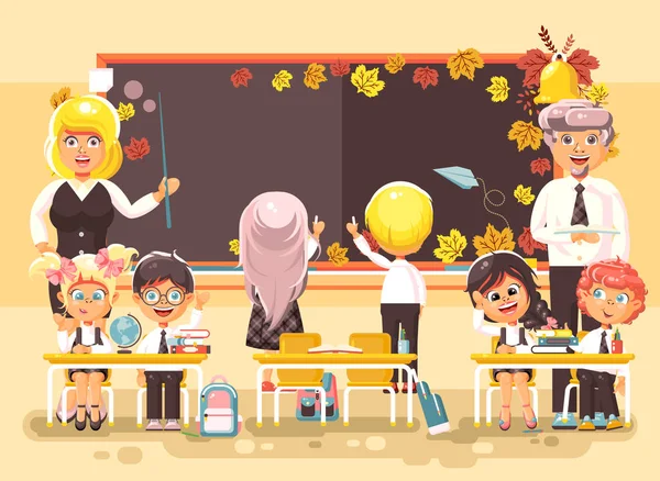 Vektor Illustration zurück zu Schule Cartoon-Charaktere Schüler Schülerin Schüler Lehrling Lehrer studieren im Klassenzimmer sitzen bei Grundnahrungsmittel Herbst Hintergrund Klassenkameraden schreiben auf Tafel flachen Stil — Stockvektor