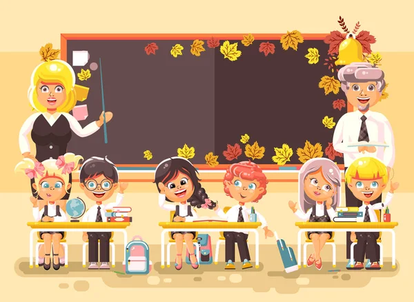 Векторні ілюстрації назад до шкільних мультиплікаційних персонажів школярки учні вчителі, які навчаються в класі, сидячи на стадії з підручниками на фоні дошки плоского стилю — стоковий вектор