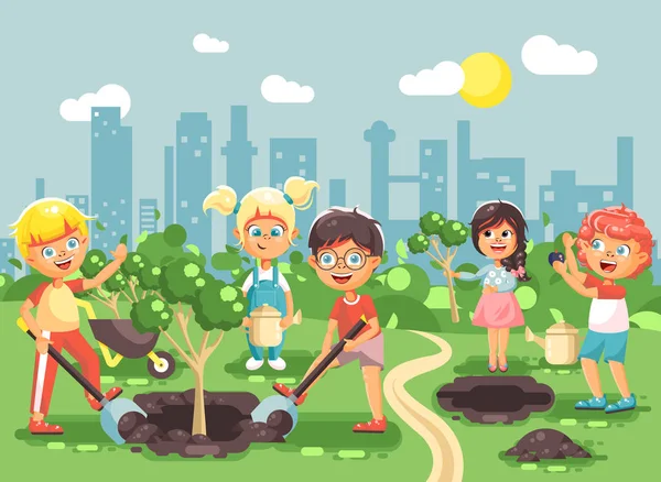 Vector illustration cartoon characters of children boy and girl planting in garden seedlings of tree, little child with water geek, taking care of ecology city in flat style for motion design — Stock Illustration Vector illustration cartoon characters of children boy and girl planting in garden seedlings of tree, little child with water geek, taking care of ecology city in flat style for motion design Royalty Free Stock Illustrations