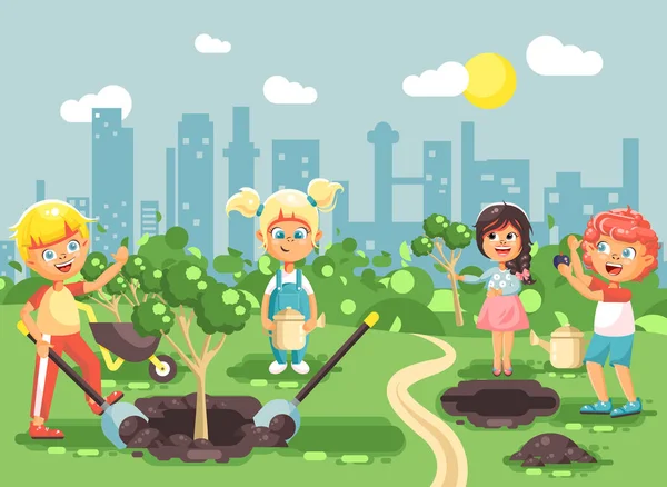 Vector illustration cartoon characters of children boy and girl planting in garden seedlings of tree, little child with water geek, taking care of ecology city in flat style for motion design Royalty Free Stock Vectors