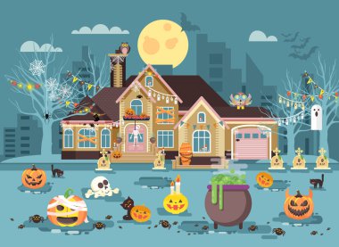 Vektör illüstrasyon karikatür evi dekore edilmiş avlu pumpkins, iskeletler, kazan ile kutlamak tatil partisi mutlu Cadılar Bayramı, broşür, el ilanı, broşür veya düz stil yapamayiz kart için