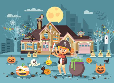 Vektör çizim afiş broşür çizgi film karakteri çocuk yapamayiz, çocuk kostüm süslü elbiseler savaşçı soyguncu korsan kılıç ile kutlamak tatil parti mutlu Halloween pumpkins düz stil