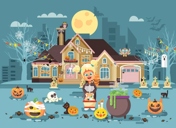 Vektör çizim karikatür karakter çocuk yapamayiz, kız kostümü, Fantazi Elbise sepet el kazan yakınındaki standları kutlamak tatil parti mutlu Halloween pumpkins, iskelet düz stil