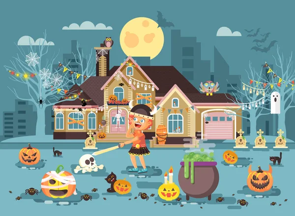 Vektör çizim karikatür karakter çocuk yapamayiz, çocuk kostümleri, kılıç ile süslü elbiseler savaşçı Viking kutlamak tatil partisi Cadılar Bayramın kutlu olsun, dekore edilmiş pumpkins, iskelet düz stil