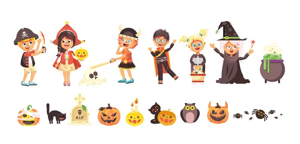 Vector illustratie geïsoleerd cartoon kinderen Trick-or-Treat jongen, meisje, kostuums fancy jurken kerstfeest Happy Halloween, pompoenen, vleermuizen vlakke stijl witte achtergrond brochure, flyer, leaflet — Stockvector