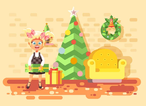 Illustration vectorielle personnage de dessin animé enfant fille blonde, écolière apporter des cadeaux dans la chambre avec arbre de Noël, bonne année et Noël, se réjouir célébrer élément de style plat pour la conception de mouvement — Image vectorielle