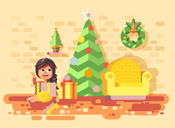 Illustrazione vettoriale personaggio dei cartoni animati bambino ragazza bruna, scolara sedersi in camera con l'albero di Natale, felice anno nuovo e Natale, regali, gioire celebrare elemento di stile piatto per il design del movimento — Vettoriale Stock