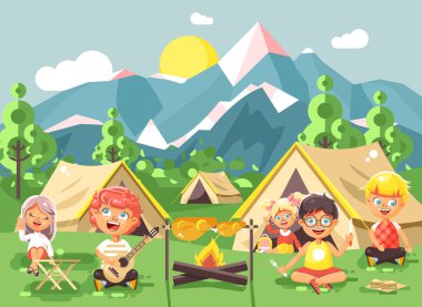 hildren çocuk gitar çalmak Kız İzciler ile şarkı söylüyor, doğa üzerinde kamp, yürüyüş çadır ve sırt çantaları, park açık arka plan dağlar düz stil, macera