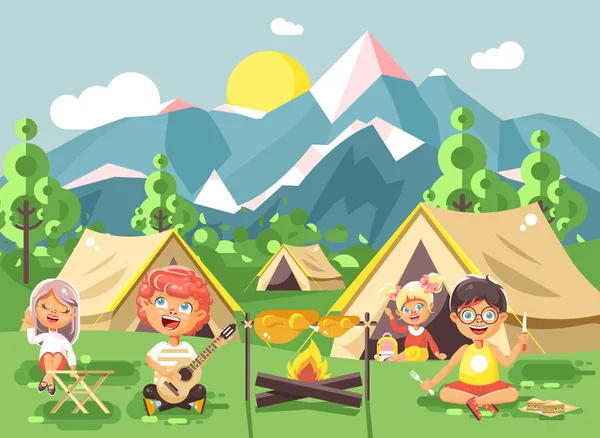 Hildren boy canta tocando la guitarra con girl scouts, acampando en la naturaleza, tiendas de campaña y mochilas, parque de aventuras al aire libre fondo de montañas de estilo plano — Vector de stock