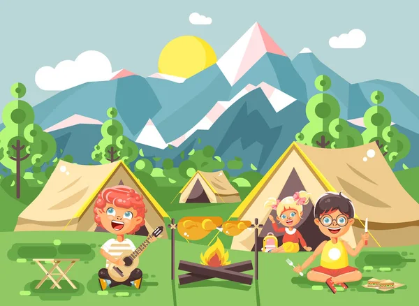 hildren çocuk gitar çalmak Kız İzciler ile şarkı söylüyor, doğa üzerinde kamp, yürüyüş çadır ve sırt çantaları, park açık arka plan dağlar düz stil, macera
