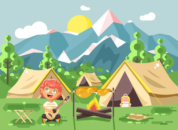 Illustrazione vettoriale personaggio dei cartoni animati bambino boy scout frittura carne sul fuoco aperto e cantare canzoni, suonare la chitarra sulla natura, regole di sopravvivenza, parco avventura sfondo esterno di montagne in stile piatto — Vettoriale Stock