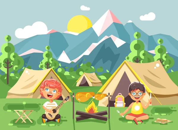 Kinderen jongen zingt spelen gitaar met meisje scouts, kamperen op natuur, wandelen, tenten en rugzakken, adventure park buiten achtergrond van bergen vlakke stijl — Stockvector