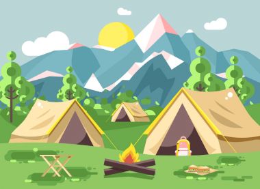 Vektör çizim karikatür doğa Milli Parkı manzara üç çadır sırt çantası, şenlik ateşi, kamp hiking gündüz güneşli gün açık arka plan dağlar düz stil açık ateş aperatif sandviç