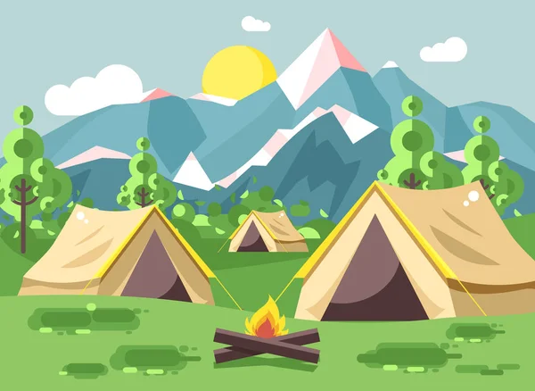 Ilustración vectorial dibujos animados naturaleza parque nacional paisaje con tres tiendas de campaña camping hoguera de senderismo, fuego abierto, arbustos césped, árboles, día soleado fondo al aire libre de las montañas en estilo plano — Vector de stock