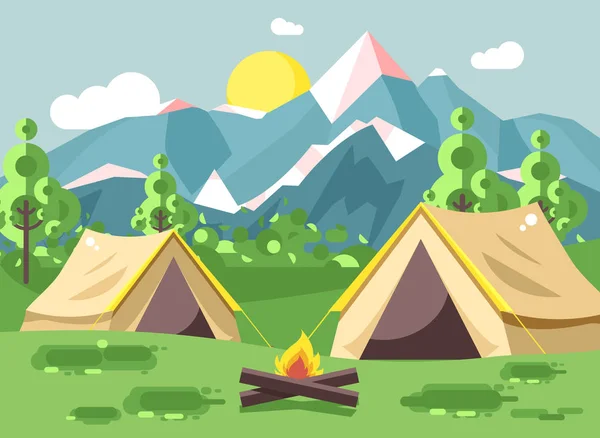 Vetor ilustração desenho animado natureza parque nacional paisagem com duas tendas camping caminhadas fogueira, fogo aberto, arbustos gramado, árvores, dia ensolarado ao ar livre fundo de montanhas em estilo plano —  Vetores de Stock