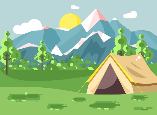 Vektorové ilustrace kreslené přírodní národní park krajina s lonely stanu camping pěší pravidla přežití keře, trávník, stromy, denní slunečný den, venkovní pozadí hor v plochý — Stockový vektor