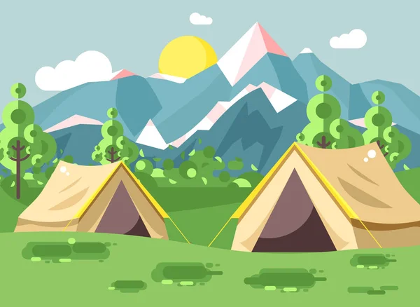 Vetor ilustração desenho animado natureza parque nacional paisagem com duas tendas camping caminhadas regras de sobrevivência arbustos, gramado, árvores, dia ensolarado diurno, fundo ao ar livre de montanhas em estilo plano —  Vetores de Stock