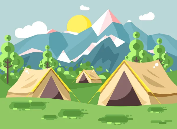 Illustration vectorielle dessin animé nature parc national paysage avec trois tentes camping randonnée règles de survie buissons, pelouse, arbres, journée ensoleillée, arrière-plan extérieur de montagnes à plat — Image vectorielle