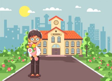 Vektör illüstrasyon karikatür karakter çocuk yalnız çocuk esmer öğrenci, öğrenci, öğrenci bilgi gün başlangıç bina önünde çiçek okul düz stiline çalışma buket ile ayakta