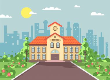 Vector illustration back to school architecture two-story building with porch, clock on tower, trees bushes exterior schoolyard behind structure background in flat style for video design element clipart