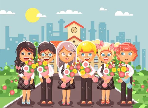 Illustration vectorielle personnages de dessins animés enfants écoliers camarades de classe élèves élèves debout avec des bouquets fleurs devant le bâtiment, journée de la connaissance commencer à étudier de nouveau à l'école style appartement — Image vectorielle
