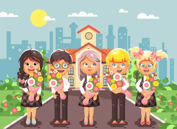 Ilustración vectorial personajes de dibujos animados niños colegiales compañeros de clase alumnos estudiantes de pie con ramos de flores en frente del edificio, día del conocimiento empezar a estudiar de nuevo al estilo plano de la escuela — Vector de stock