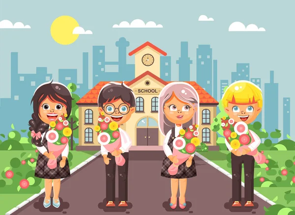 Vektor Illustration Cartoon-Figuren Kinder Schüler Klassenkameraden Schüler Studenten stehen mit Blumensträußen vor dem Gebäude, Wissen Tag Studienbeginn zurück zur Schule flachen Stil — Stockvektor