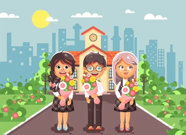 Personajes de ilustración vectorial niños dos colegialas y compañeros de clase niños estudiantes de pie con ramos de flores en frente de la construcción del día del conocimiento empezar a estudiar de nuevo al estilo plano de la escuela — Vector de stock