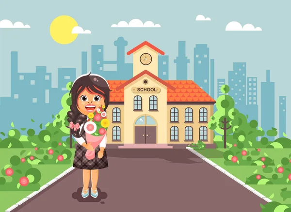 Ilustración vectorial personaje de dibujos animados niño solitaria colegiala morena, alumno, estudiante de pie con flores de ramo en frente de la construcción día de conocimiento empezar a estudiar de nuevo al estilo plano de la escuela — Vector de stock