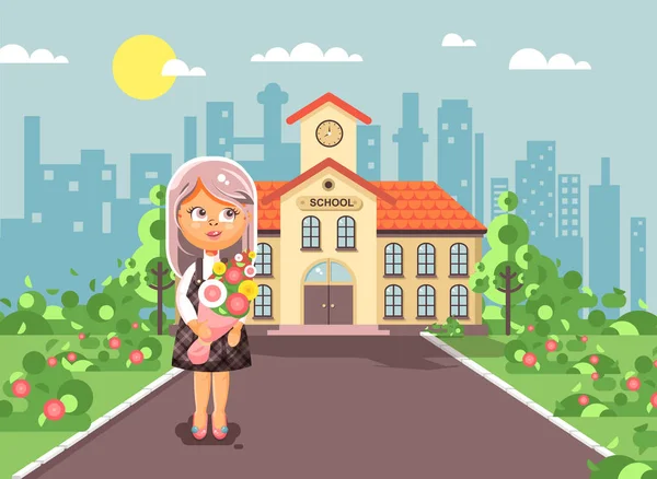 Vector εικονογράφηση χαρακτήρα κινουμένων σχεδίων παιδί μοναχικό κορίτσι μαθήτρια, μαθητής, μαθητής στέκεται με μπουκέτο λουλούδια μπροστά από το κτίριο γνώση ημέρα έναρξη μελέτης πίσω στο στυλ σχολείο επίπεδη — Διανυσματικό Αρχείο