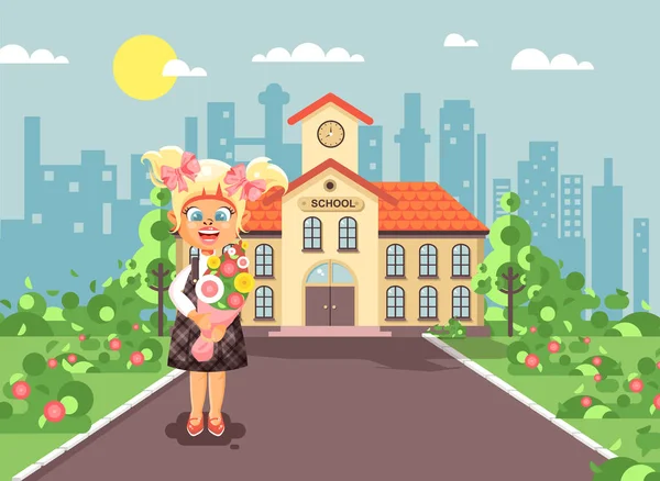 Vector εικονογράφηση χαρακτήρα κινουμένων σχεδίων παιδί μοναχικό κορίτσι Ξανθιά μαθήτρια, μαθητής, μαθητής στέκεται με μπουκέτο λουλούδια μπροστά από το κτίριο γνώση ημέρα έναρξη μελέτης πίσω στο στυλ σχολείο επίπεδη — Διανυσματικό Αρχείο