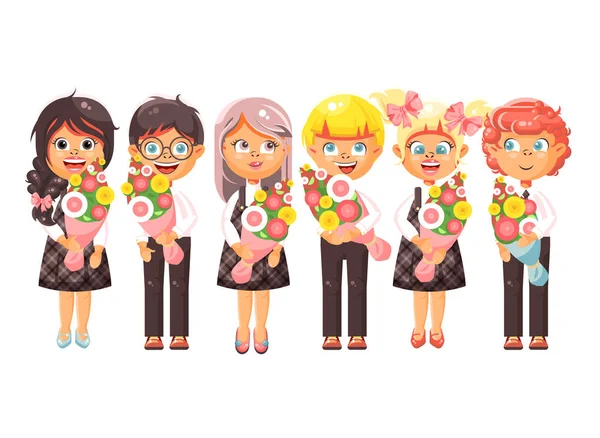 Векторна ілюстрація ізольовані персонажі мультфільмів дитячі школярі однокласники учні, що стоять з букетами квітами, днем знань, навчаються назад на шкільний плаский стиль білий фон — стоковий вектор