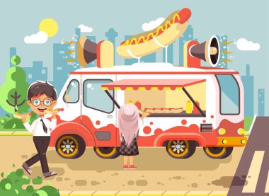 Fast food, sandviç, sosisli sandviç, sosis vektör illüstrasyon karikatür karakterleri çocuklar, öğrenciler, öğrenciler ve öğrenci satın Araba, tekerlekler, sokak gıda, okul aperatif düz stil yemek