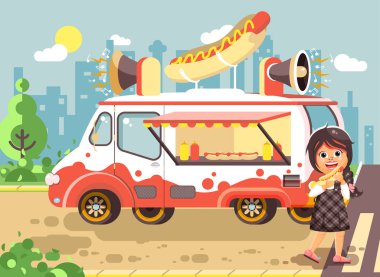 Vektör çizim karikatür karakter çocuk, öğrenci yalnız esmer kız öğrenci yemek fast food, sandviç, sosisli sandviç, Araba, seyyar, şehir sokak gıda yemek sosis, okul snack düz stil