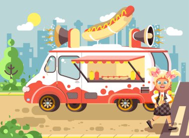 Vektör çizim karikatür karakter çocuk, öğrenci yalnız sarışın kız öğrenci yemek fast food, sandviç, sosisli sandviç, Araba, seyyar, şehir sokak gıda yemek sosis, okul snack düz stil