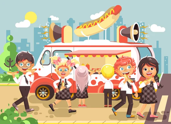 Векторна ілюстрація мультиплікаційних персонажів діти, школярі, школярі купують фаст-фуди, бутерброди, хот-доги, ковбаса з автомобіля, їжу на колесах, вуличну їжу, шкільну закуску плоский стиль — стоковий вектор