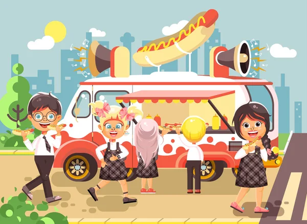 Ilustración vectorial personajes de dibujos animados niños, alumnos, escolares y colegialas compran comida rápida, sándwiches, perros calientes, salchichas del coche, comidas sobre ruedas, comida callejera, bocadillo escolar estilo plano — Vector de stock
