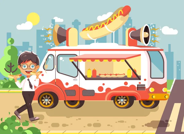 Vektorové ilustrace kreslená postava dítě, žák, hexakyanoželezitanu draselného bruneta školák jíst rychlé občerstvení, sendviče, hot dog, klobása z auta, jídla na kolech, Městské pouliční jídlo, školní svačina ploché styl — Stockový vektor