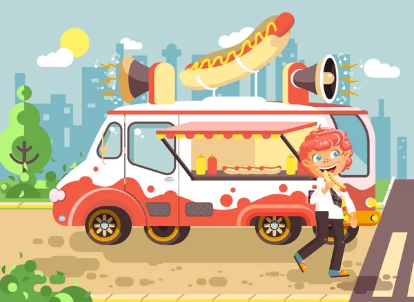 Vektör çizim karikatür karakter çocuk, öğrenci, yalnız Kızıl saçlı çocuk okul çocuğu yemek fast food, sandviç, sosis, sosis Araba, yemekler tekerlekler, şehir sokak gıda, okul snack düz stil