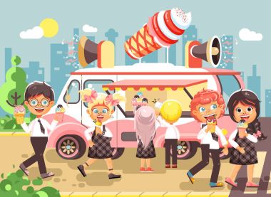 Vektör çizim karikatür karakterleri çocuklar, öğrenciler, öğrenciler ve kız öğrenciler arabadan dondurma, vanilya, çikolata, çubuklu dondurmayı satın, yemekler tekerlekler, sokak gıda, okul düz stil snack