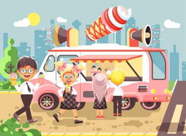 Vektör çizim karikatür karakterleri çocuklar, öğrenciler, öğrenciler ve kız öğrenciler arabadan dondurma, vanilya, çikolata, çubuklu dondurmayı satın, yemekler tekerlekler, sokak gıda, okul düz stil snack